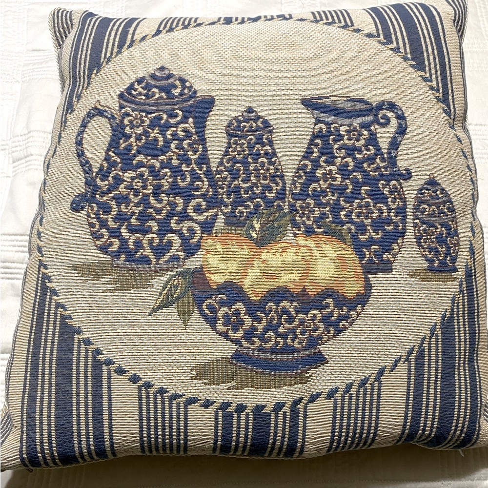 Blue & Cream 18" Pillow Stripes Chinoiserie-Style Lemons Pitchers Bowl Zip Close